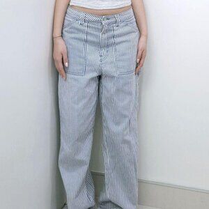 Blue Stripe Wide-leg Cargo Cotton Vintage Pants